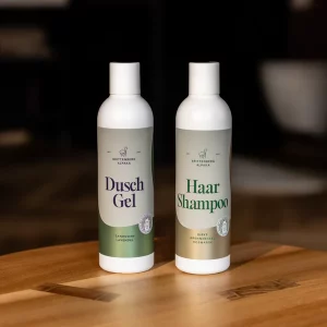 set aus alpaka haarshampoo birke & alpaka duschgel sanddorn, mit dem keratin der alpakawolle